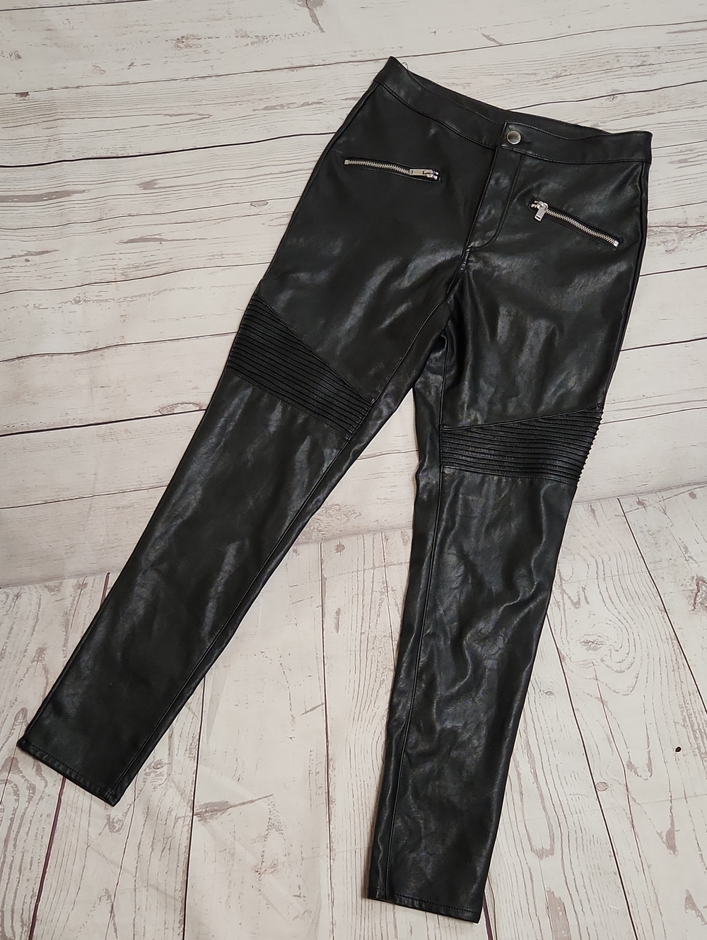 H&M Black Faux Leather Skinny Moto Jeans